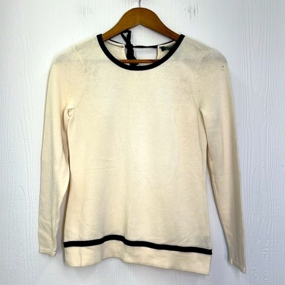 Lauren Ralph - Ivory Crewneck Black Contrast Trim Tie Back Lightweight Top Small - Picture 5 of 9